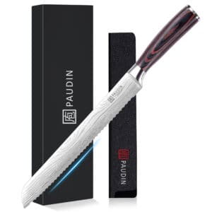 PAUDIN N14 Broodmes 25 cm - Extra lang Banketmes - Damascus Patroon - Inclusief Knifeguard