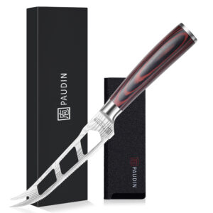 Paudin N29 Kaasmes 12,5 cm Dubbelpuntig - Tomatenmes - Gekartelde rand en Vorkpunten - Damascus Patroon - Inclusief Knifeguard